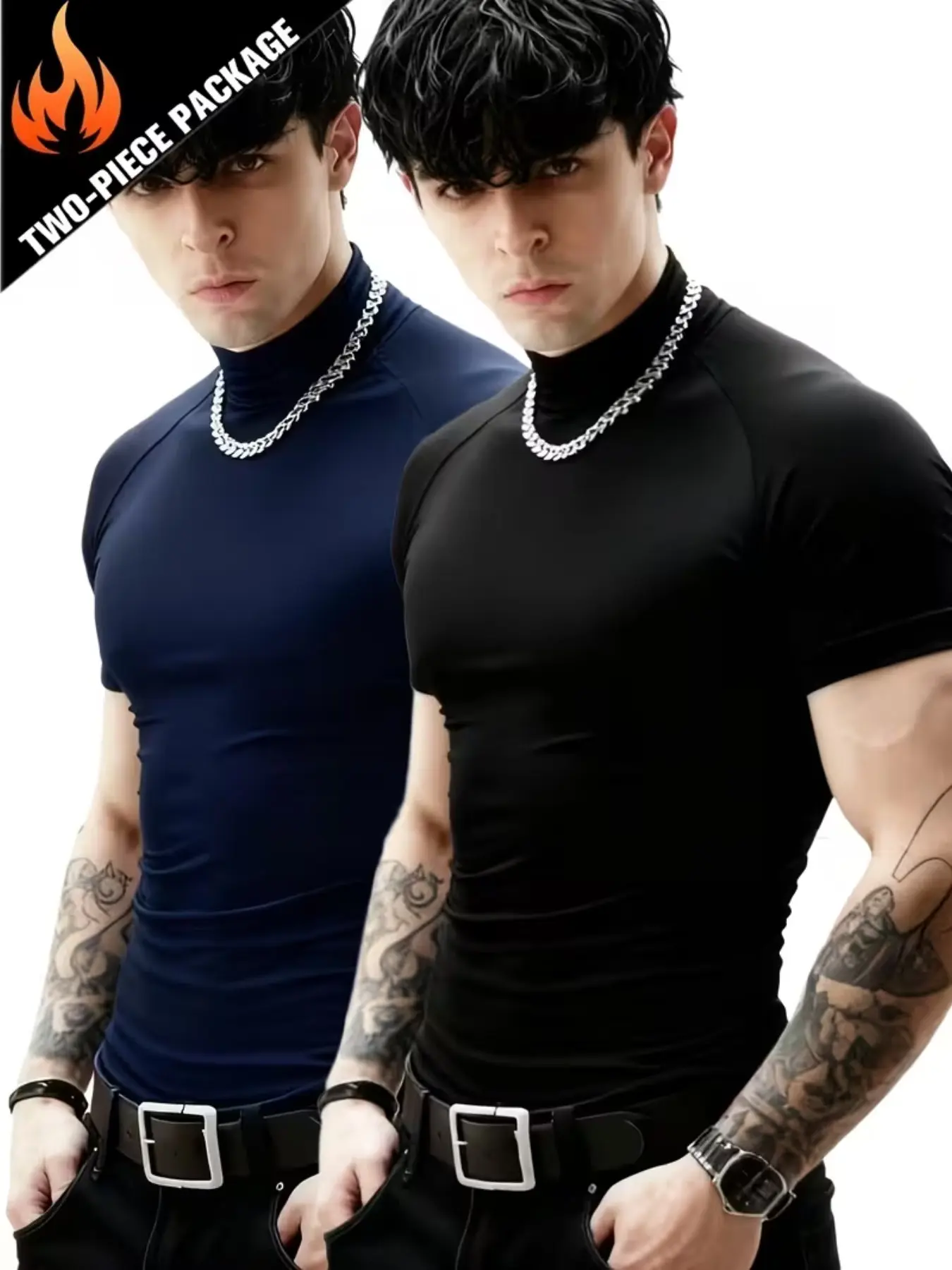 Men's Fitness Short Sleeve Muscle Sports Tight Fit Elastic T-Shirt, Gym Workout Shirt, Plain High Neck Quick Dry Top, Casual Long Fitted Tee, 2 Pack, Compression Workout Shirts, Athletic Fitness Top