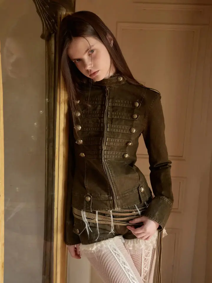 Women's Casual Double-Breasted Fitted Napoleon Jacket with Canvas Fabric