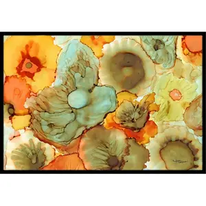 212 MAIN Decorative Durable Felt Surface Mat - Teal & Orange Abstract Flowers, Fade-Resistant, Indoor/Outdoor Use, Large Size (24x36 in), Decorative Mat, Durable Rug