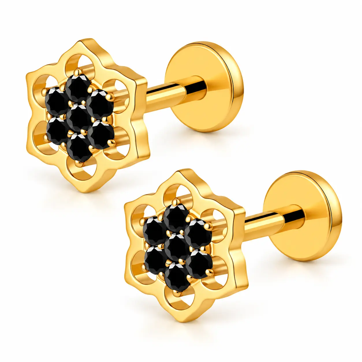 BODY FREEDOM Threadless Titanium Labret Studs Pair - Black CZ Flower 6-Petal 16G Push-In Labret, ASTM F136 Titanium, 8mm Post, Flat Back, Gold- or Silver-Tone Decorative Ends, 2-Pc Matching Set