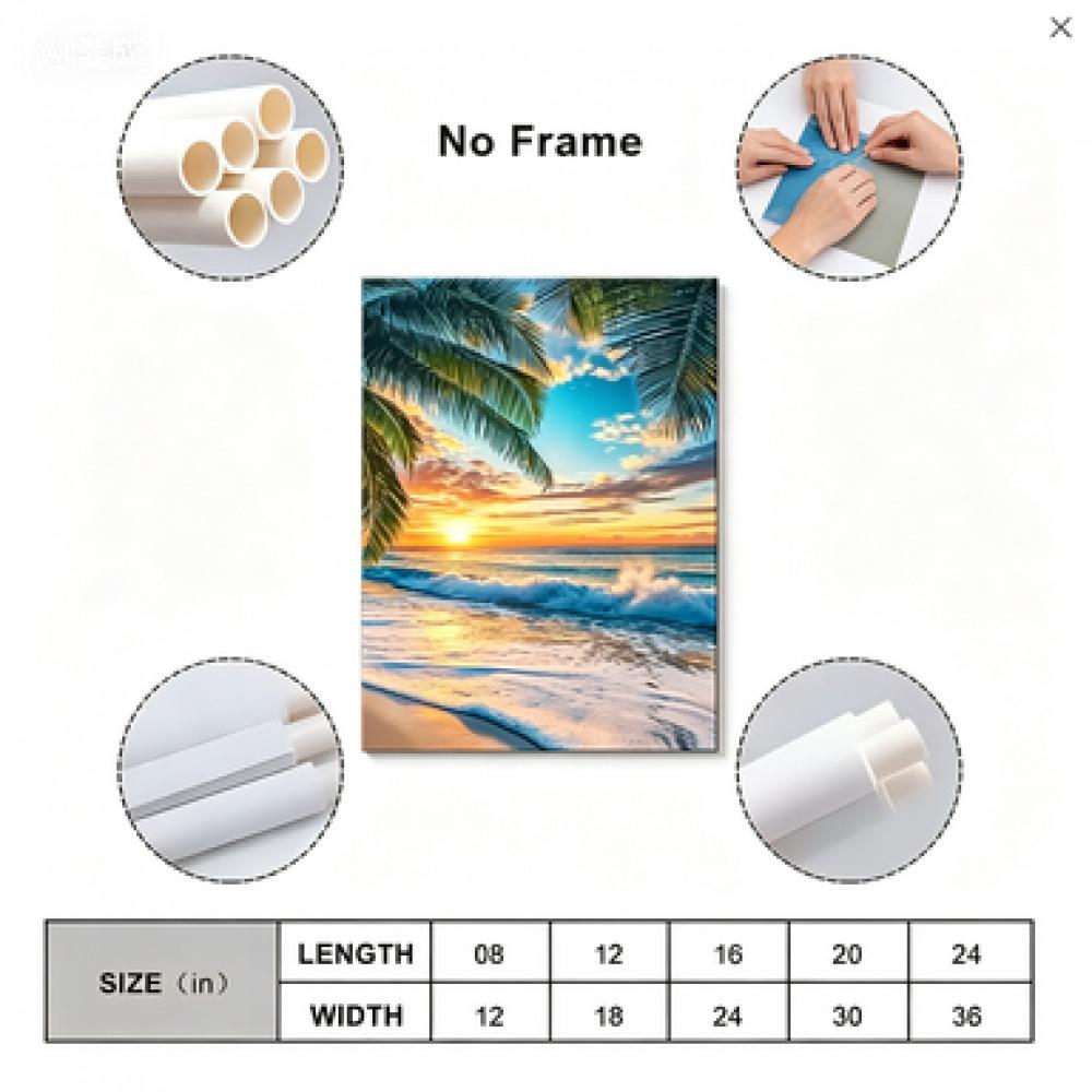 Beach Scenery and Palm Tree Pattern Wooden Frame Canvas Painting, Modern Art Wall Decoration, Home Living Room Bedroom Office Wall Decoration, Poster Wall Art, Wall Decoration Painting