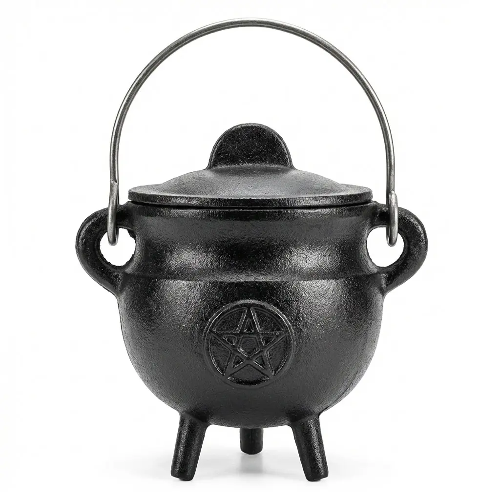 Pentagram Cast Iron Cauldron with Lid — 2 3/4 Inch Wiccan Ritual Pot