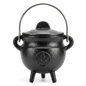 Pentagram Cast Iron Cauldron with Lid — 2 3/4 Inch Wiccan Ritual Pot
