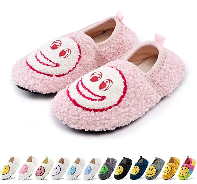 Smile Face Slippers Soft Plush Happy Face Home Slippers Closed Back Slip On  Non-slip TPR Sole House Shoes Cute Indoor Slippers Women Men Slides Footwear