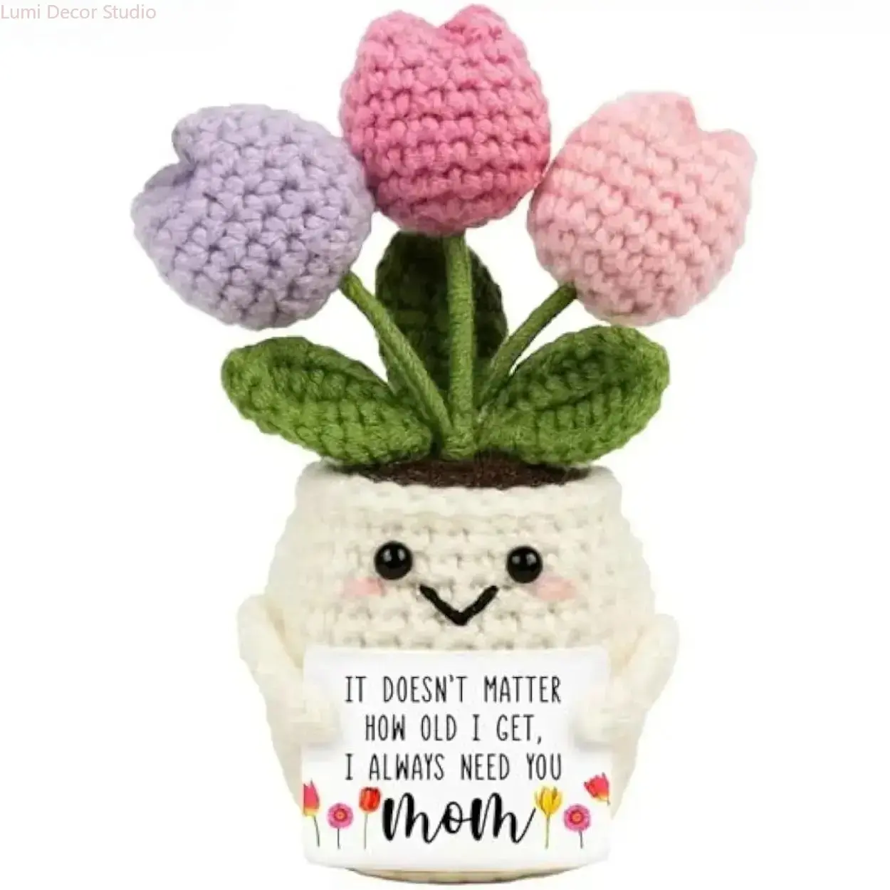 Handmade Crochet Tulip Potted Plant with Mom Quote - Sports & Outdoor Reflective Gear Accessory, Mother's Day Gifts, Emotional Support Plush Desk-Home Ornament