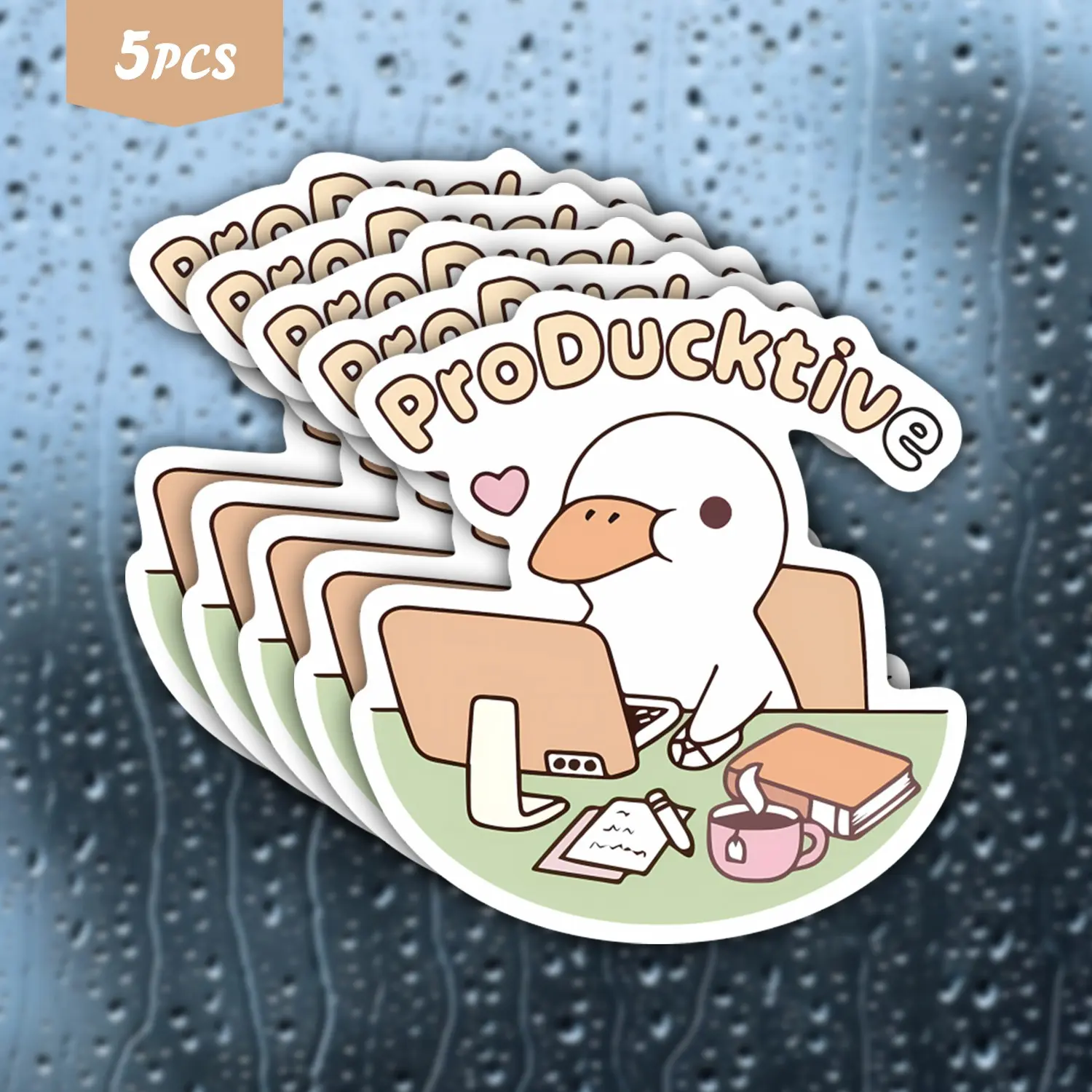 5PCS "ProDucktive" Funny Working Duck Waterproof Vinyl Stickers, Self-Adhesive Decals for Water Bottles, Laptops, Cars, Ideal for Office & Meme Fans