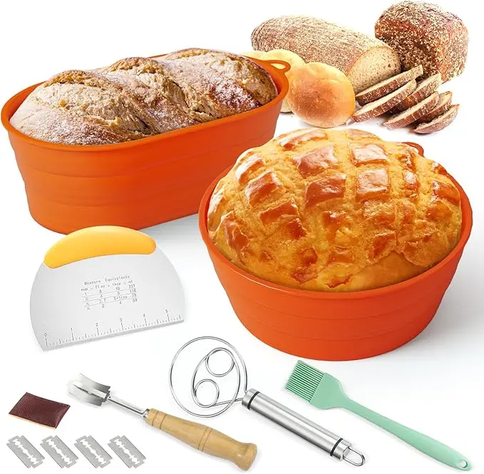 Silicone Banneton Bread Proofing Basket, 10" Oval & 9"Round Sourdough Bread Baking Supplies with Bread Making Tool Supplies Accessories Bakeware Set Utensils