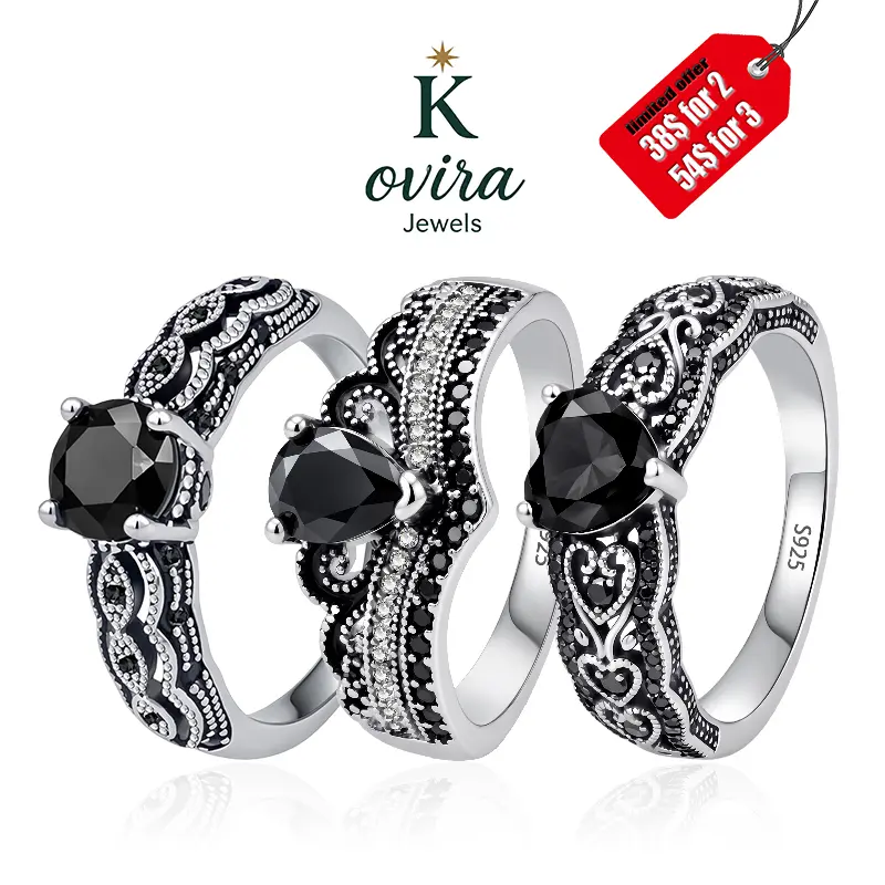 Kovira S925 Sterling Silver Vintage Black Obsidian Fashion Rings for Women - Evil Eye/Heart/Crown Designed, Dark Feminine Protection Amulet, Elegant Statement Ring, Dark Romance Jewelry Gift, Elegant Ring