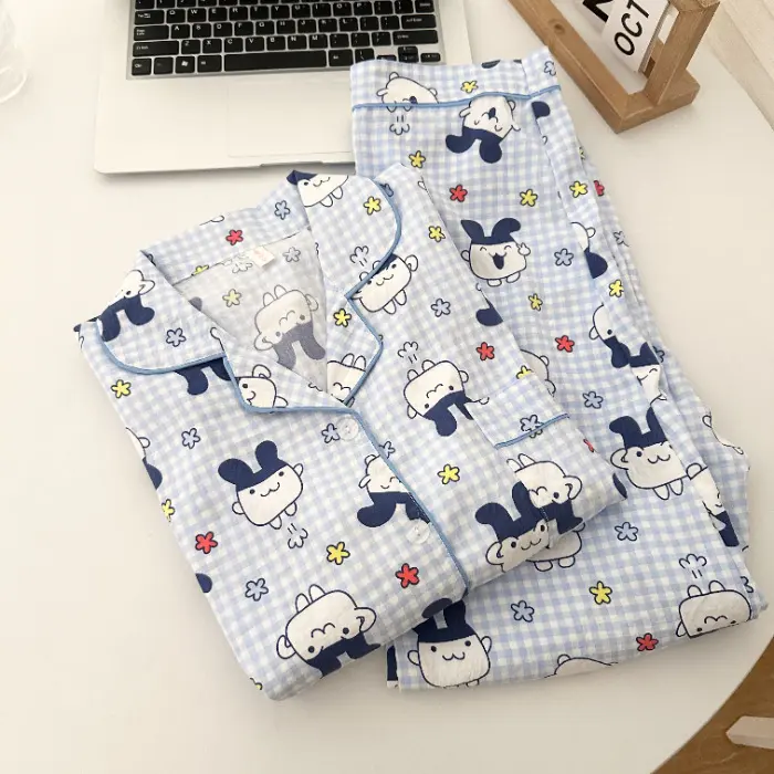 Women's Polyester 2-Piece Pajama Set - Cute Japanese Cartoon MoeGirl Long-Sleeve Top, Checkered Breathable Trouser Loungewear for Autumn Winter Home Use