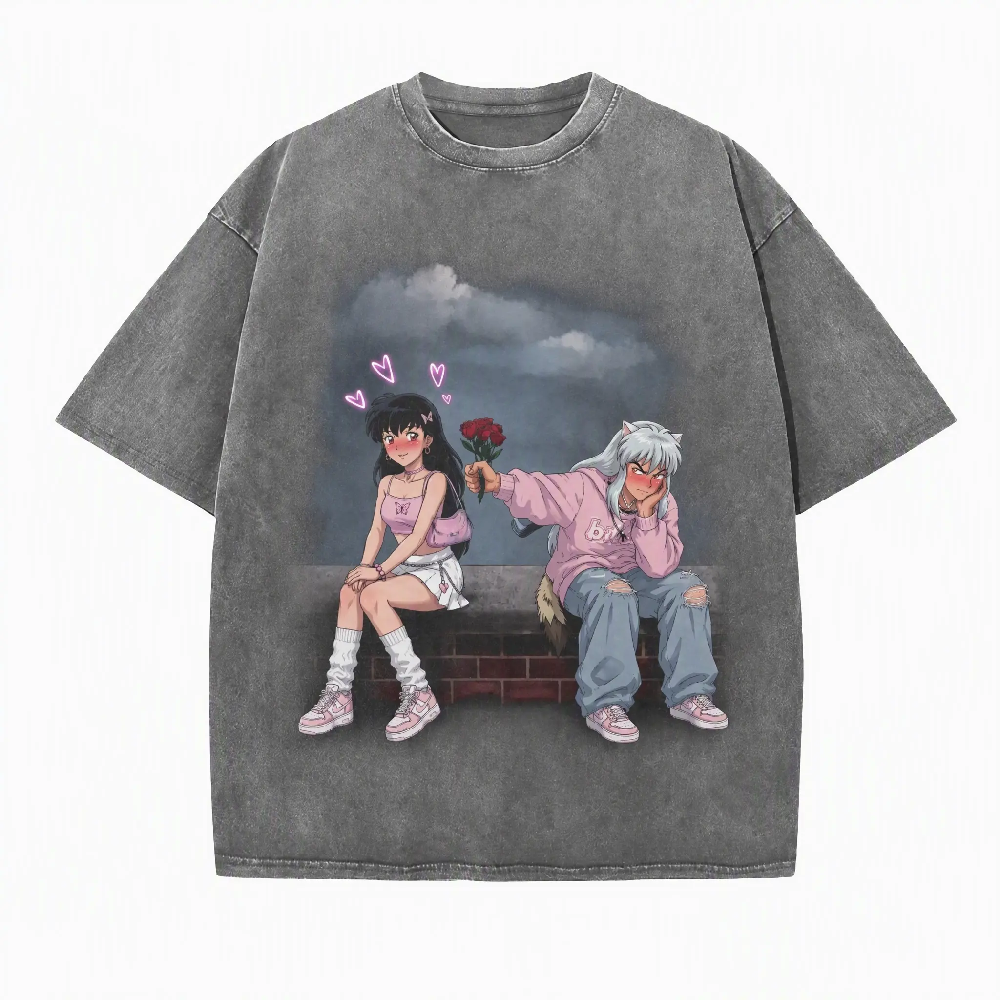 Anime Couple Shirt, Inuyasha Kagome Inspired Tee, Cute Tsundere Love Shirt, Pink Aesthetic Anime T-Shirt, Romantic Anime Couple Gift Womenswear Cotton Top Wetsuit Crewneck Crewneck Round Neck Streetwear Tshirt Wetsuit