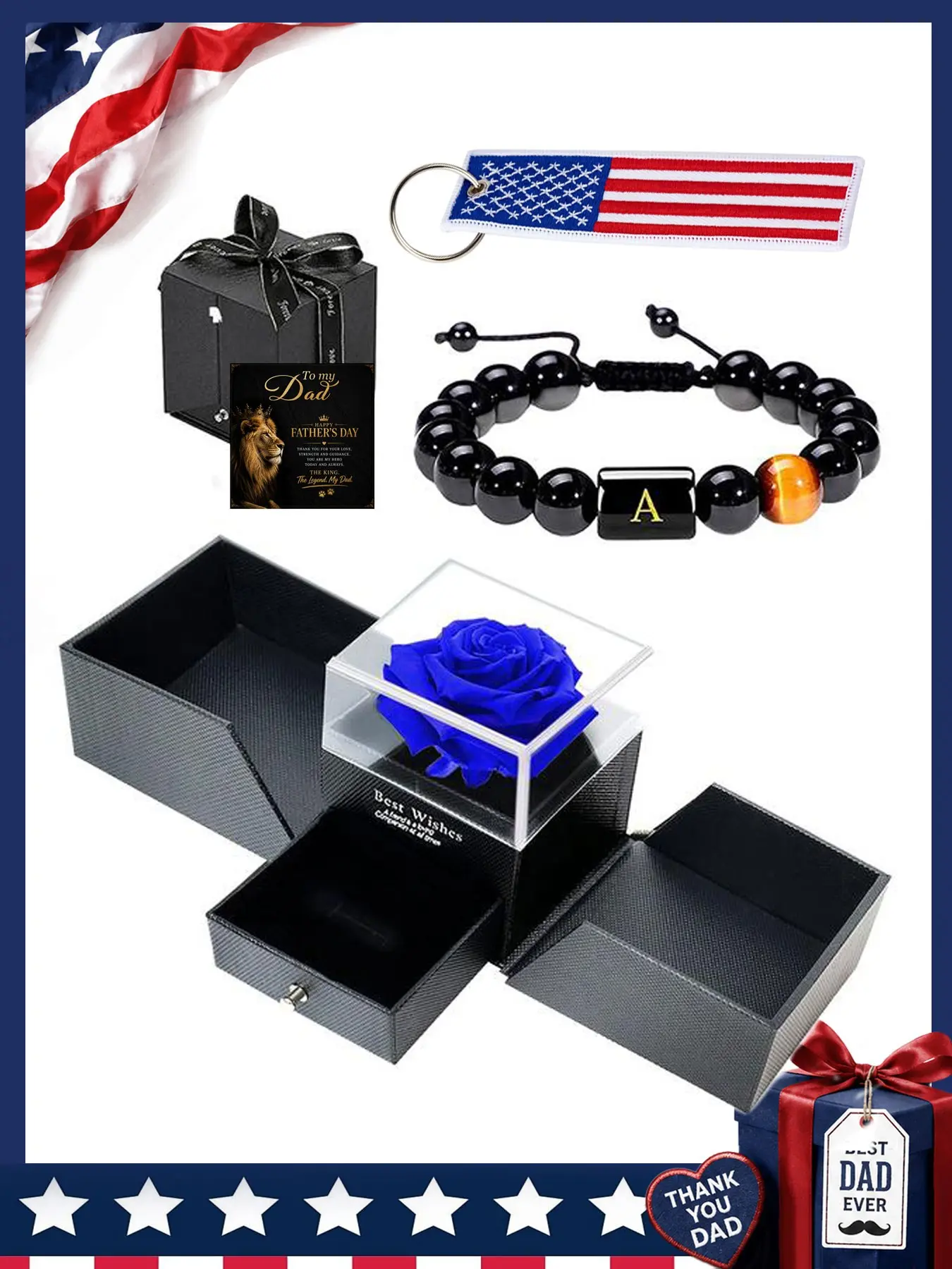 Men's Letter Detail Bracelet Set with Rose Gift Box, Usa Flag Keychain, Fashion Jewelry, Party & Daily Wear, Birthday Gift, Jewelry Gifts, 250th Anniversary