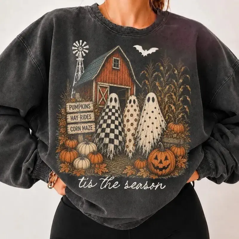Tis The Season Ghost Trio Sweatshirt, Pumpkin Patch Ghosts Shirt, Farmhouse Halloween Shirt, Checkered Floral Polka Dot Ghosts, Fall Sweatshirt