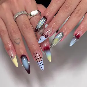A117 Retro Airbrush Press-On Nails, Burgundy Blue and Yellow Gradient Tips, Cherry Charm and Polka Dot Details, Y2K Indie Handmade Nail Design, Trendy Cool Girl Style, Gifts for Her