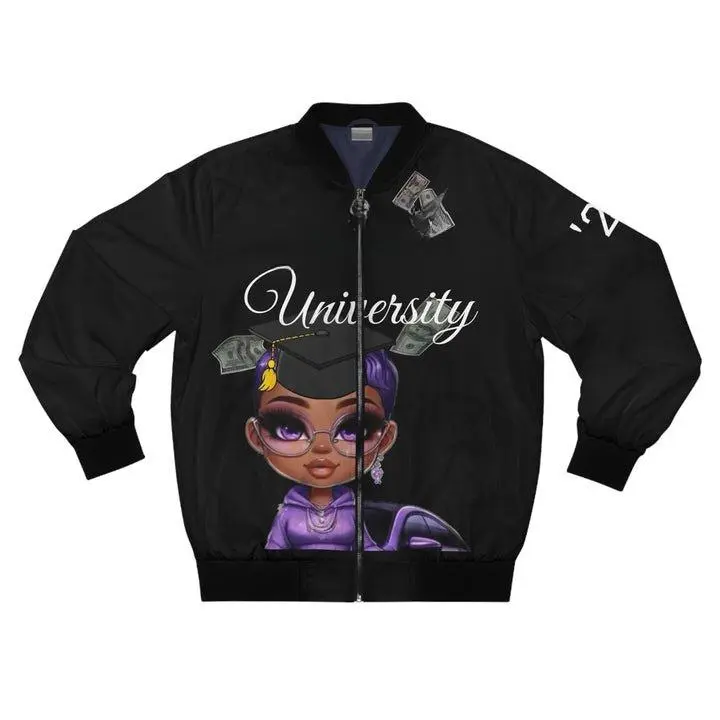 Petty University Bomber Jacket - Men's All-Over Print Polyester Zip-Up with Pouch Pockets & Dark Blue Lining