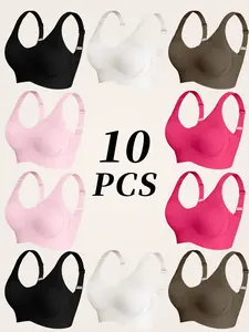 Women's solid color four row buckle adjustable wireless bra, curve soft, comfortable, breathable ribbed push up seamless bra, all season women's underwear, women's clothing, women's gifts, Mother's Day