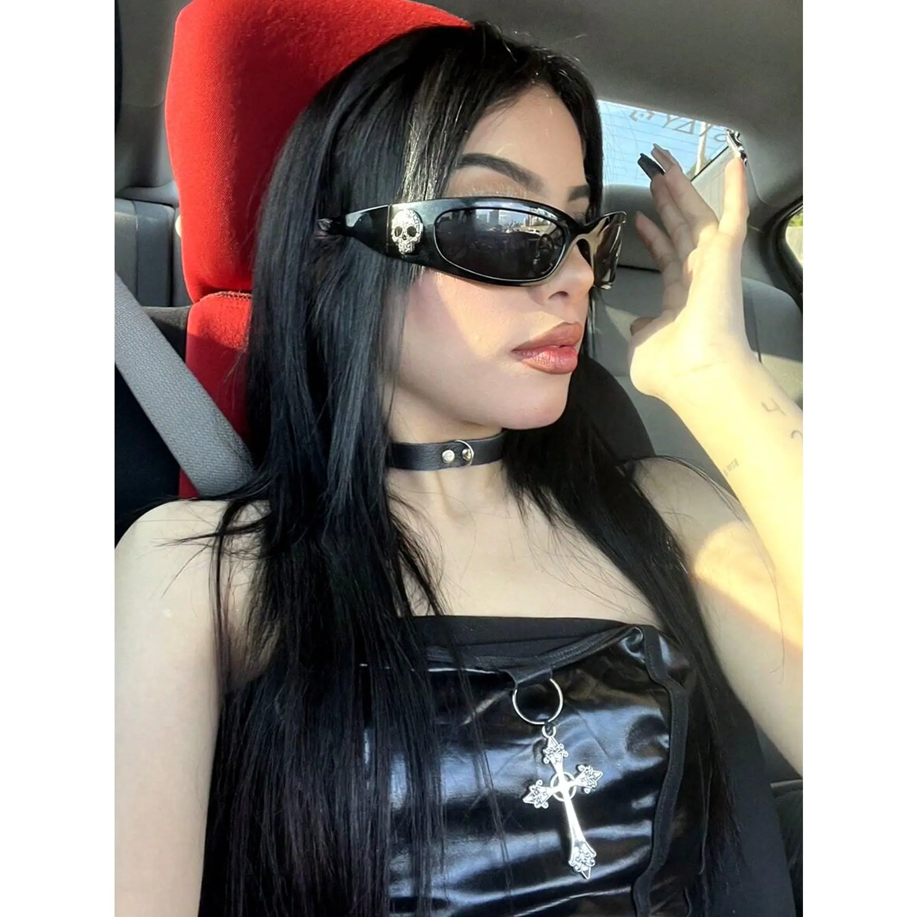 1pc Unisex Vintage Small Skull Print Fashion Glasses, Retro Hip Hop Style, Punk Gothic Blogger Cowboy Western Dark Hardcore Small Frame Cool Black Glasses (Free Glasses Strap And Case)