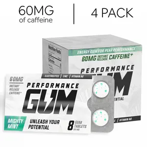 Performance Gum - Caffeine Energy Gum (60mg) with Electrolytes, Vitamin B6 & Zinc | 4-Pack (32 Count)