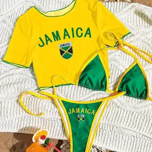 Swim Vcay 3-Piece Jamaica Bikini Set Swim Vcay 3pcs/Set Women Spring Break Bikini Set Multicolor Strappy Top & Tanga Bottoms With Round Neck Short Sleeve Crop Top Casual Sports Swimsuit Festival Boho Style For Summer Beach Vacation swimwear , cover