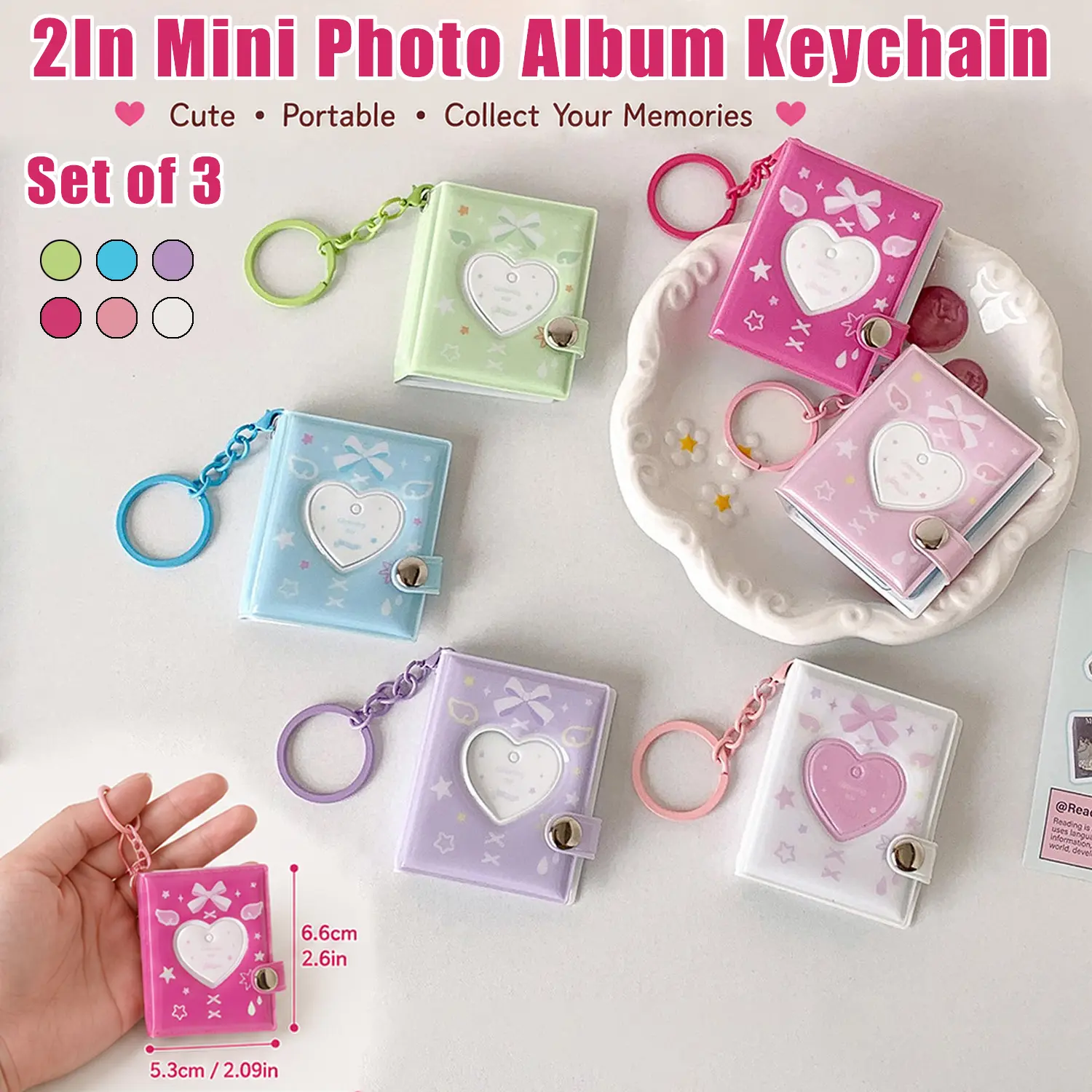 2In Mini Photo Album Keychain Set of 3, Cute Kpop Photocard Holder Bag Charm, 32 Pocket Mini Photo Album Book, Wallet Photos & Key Ring Accessories