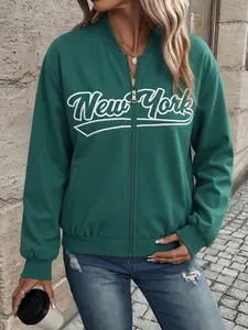 New York Letter Print Bomber Jacket, Y2K Streetwear Must-Have, Casual & Stylish for Daily & Outdoor Wear, Loose-Fitting, No Padding