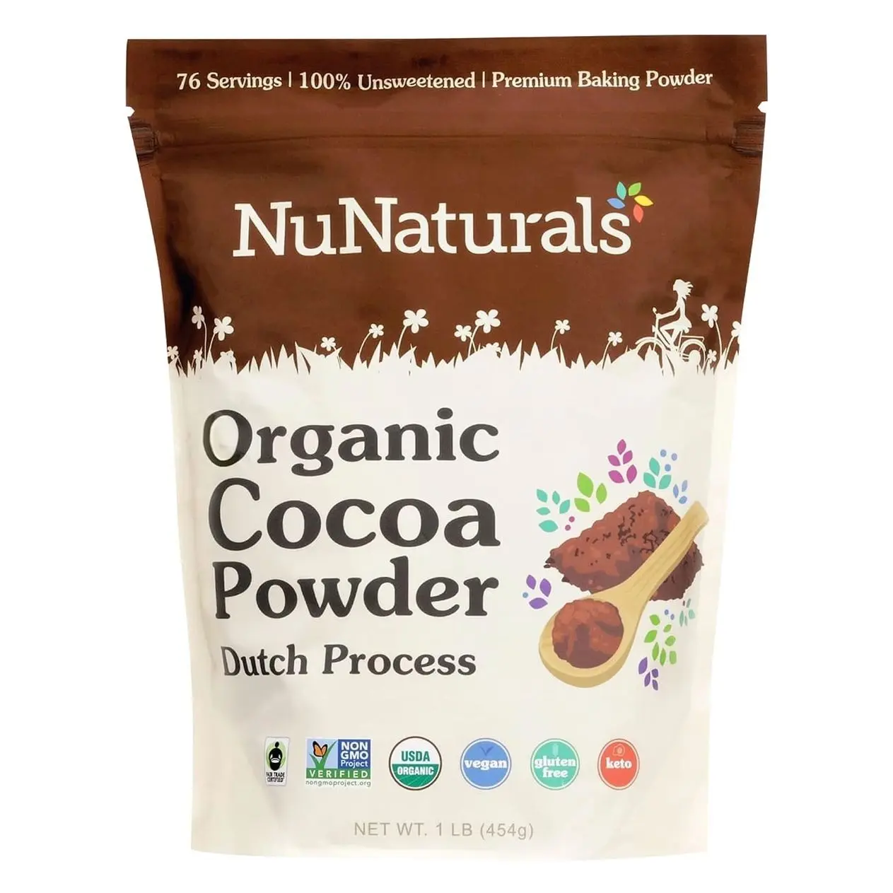 NuNaturals Unsweetened Organic Fairtrade Certified Cocoa Powder, Premium Dutch-Process For Drinking and Baking, 1 lb