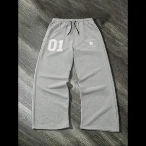 Men’s wide-leg sweatpants with star and number print, drawstring elastic waistband, regular fit, casual pocket design—suitable for daily wear, all seasons, workouts, and fitness sports pants.