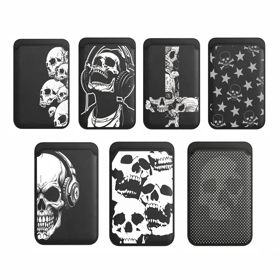 NganGee Aesthetic Gothic Skull Magnetic Card Wallet - Premium Faux Leather Holder, Slim Mobile Phone Back Pocket