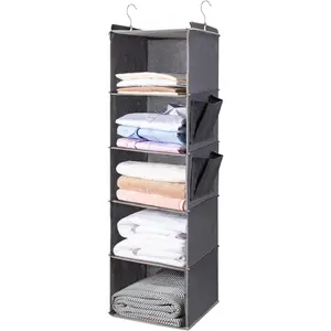 BOOMIBOO Hanging Closet Organize and Shelves，5-Hanging Shelf with 2 Side Pockets，Storage Foldable （Grey）