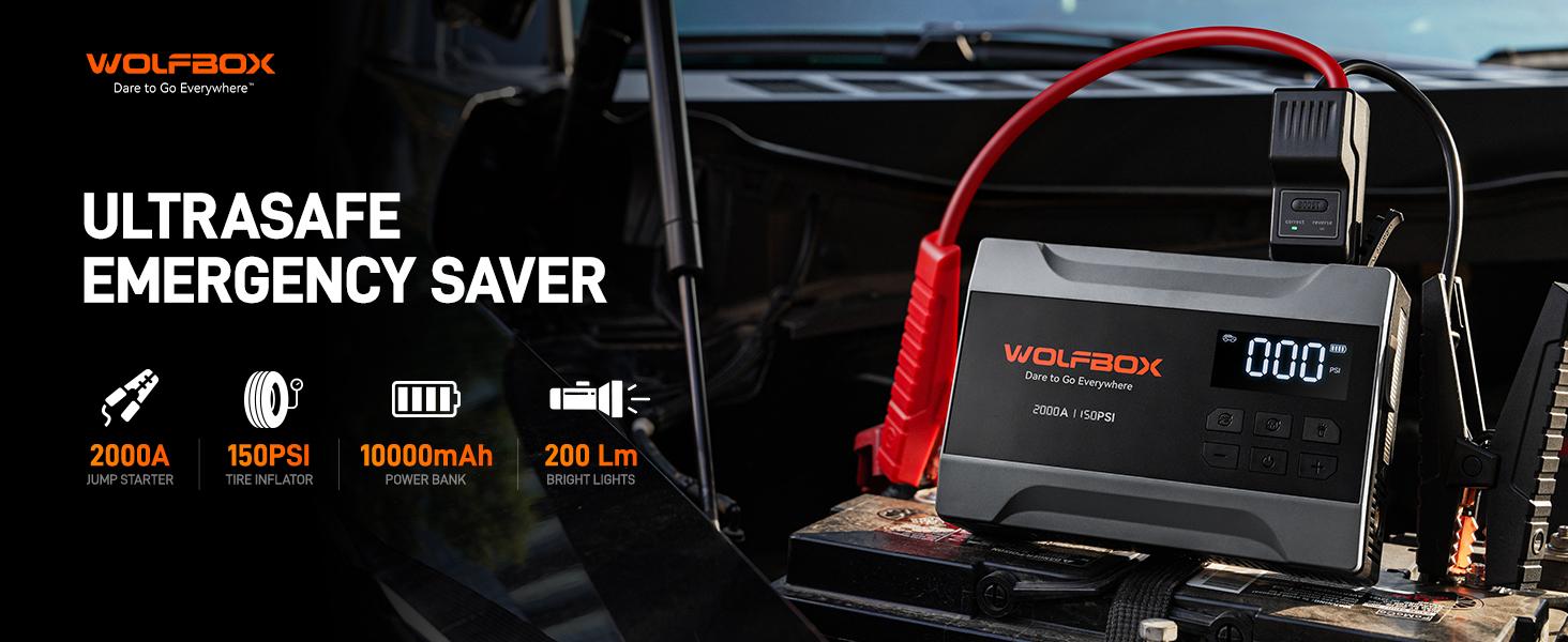 WOLFBOX Portable 2000A Jump Starter With Air Compressor 150PSI Tire Inflator LED HolidayHaul