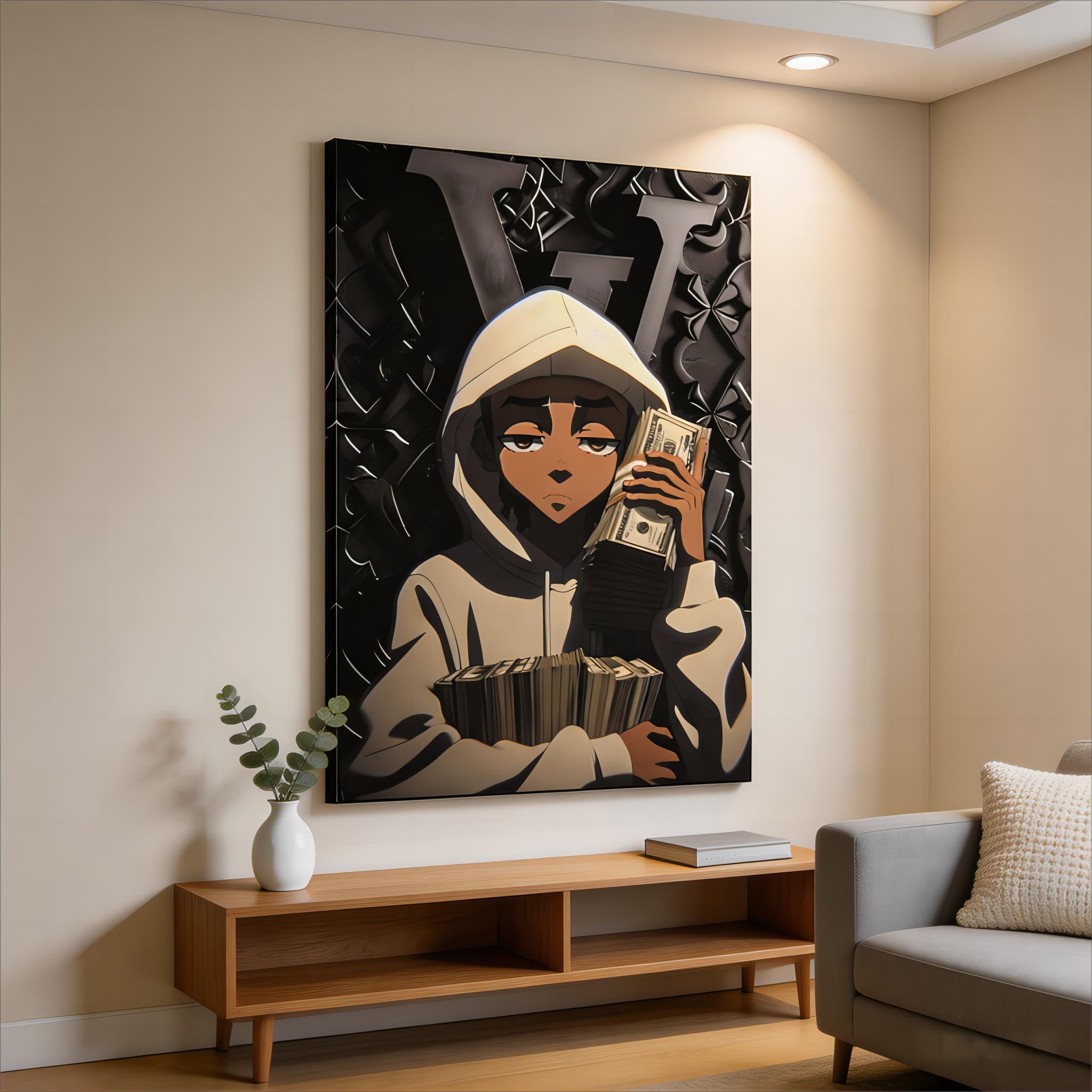 Wealth Motivation Wall Art Posters, Street Style "Cash King" Decor Paintings, Anime Hooded Boy Canvas Prints, Hip-Hop Money-Themed Decorations for Bedroom, Living Room, Study & Gaming Room
