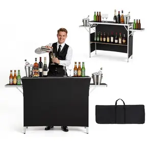 VEVOR Folding Portable Bar Table, 43.3 x 15.4 x 34.6 in, with Carry Bag, Storage Shelf, and Detachable Skirt, Quick and Easy Setup, Foldable Mobile Bartending Station for Events, Party, Tradeshow
