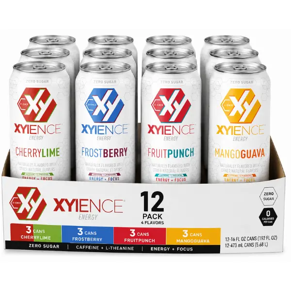 XYIENCE 0 Sugar Fruity Energy Beverage Variety Pack - Cherry Lime, Frost Berry Blast, Fruit Punch, Mango Guava Flavors, 16 fl oz Cans, 12 Pack