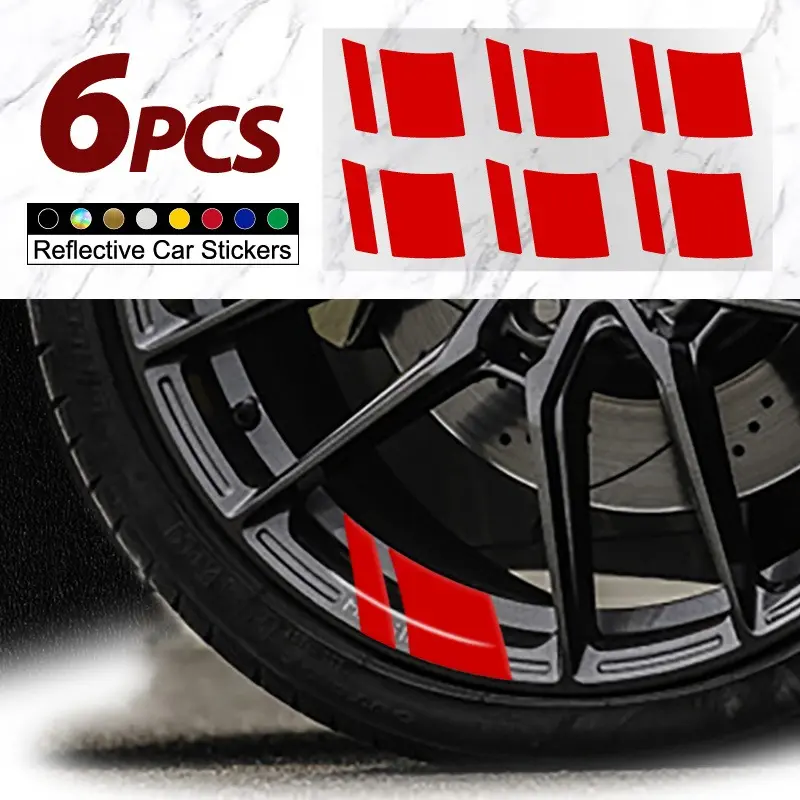 6pcs Universal Car Wheel Rim Vinyl Stickers with Reflective Hash Marks and Stripes for Racing Wheel Hub Decoration Car Accessories