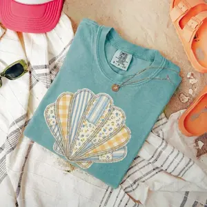 Comfort Colors® Faux Patchwork Seashell Shirt, Cute Ocean Aesthetic Tank Top, Beach Summer Graphic Tee, Summer Vibes T-Shirt