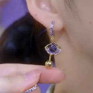 Shiny Super Fairy Diamond-Embedded Purple Ginkgo Leaf Bead Earrings for Women, DDES0133 Elegant and Versatile Clip-On Earrings, 14K Gold-Plated