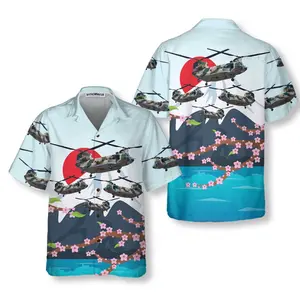 Kawasaki CH47J Chinook Helicopter Hawaiian Shirt, Japanese Helicopter Shirt Men, Short Sleeve Casual Button Down Shirts Summer Beach Shirt, Tropical Floral Shirt