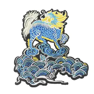 Large Chinese Style Qilin Embroidery Patch for Traditional Hanfu Clothing DIY Applique on Cheongsam Decorative Sewing Accessories with Adhesive Backing