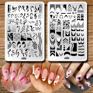 Swirl French Line Nail Stamping Plates French Tip Nail Stamp Plate Geometric Wave Stripes Snake Flower Nail Art Stamper Stencils Printing Template 2pcs Large Stainless Steel Nail Art Tools 14.5×9.5cm