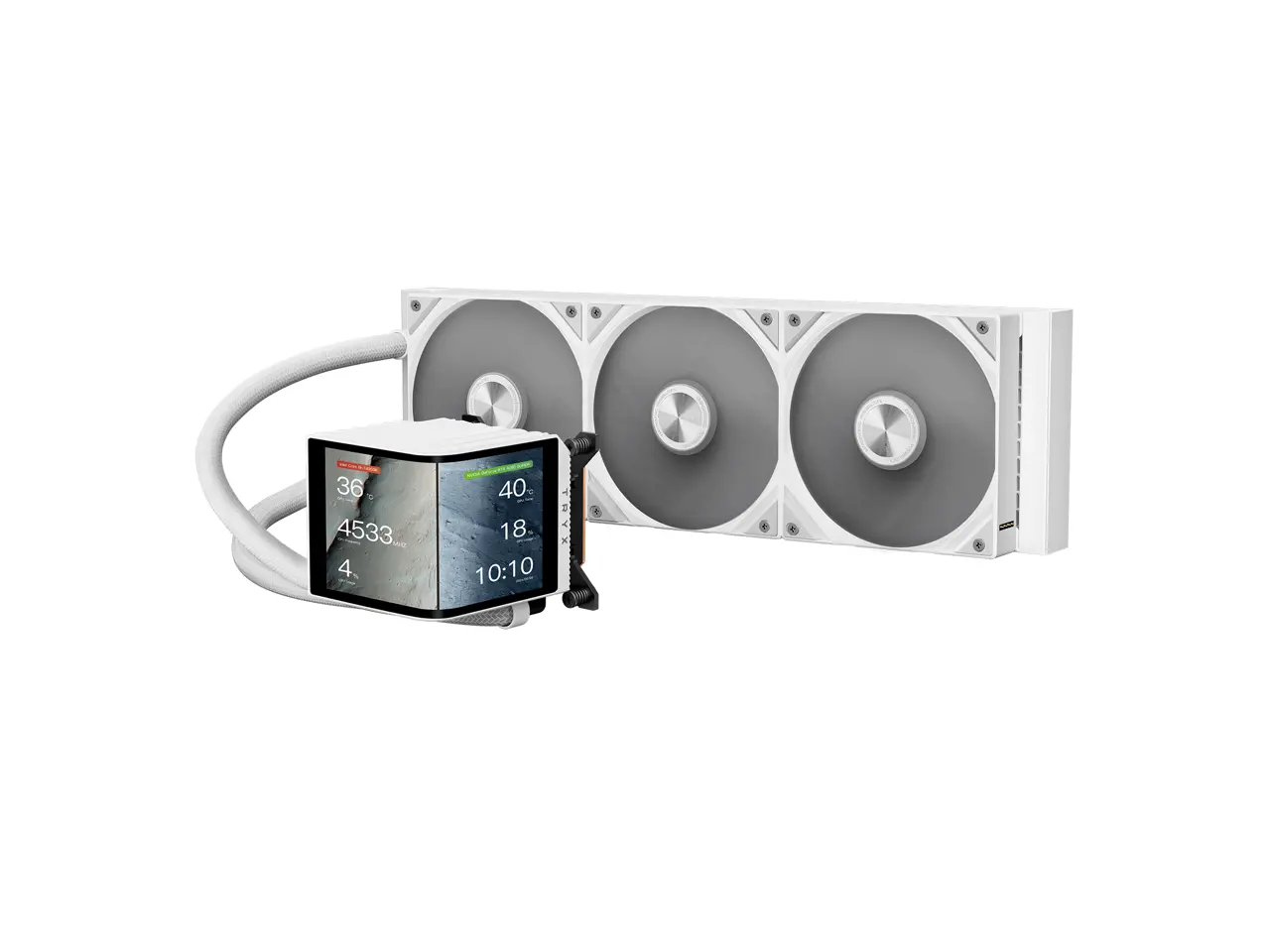TRYX PANORAMA 360 White 360mm AIO 6.67'' AMOLED Curved Screen 3D Anamorphic Effect Customizable AIO Cooler 360mm Asetek 8th Gen V2 320w TDP Magnetic Performance Fan Intel LGA 1851/1700 AMD AM5/AM4