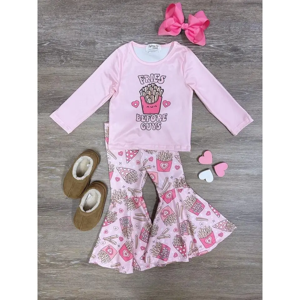 Fries Before Guys Pink Hearts Girls or Toddler Long Sleeve Top and Bell Bottom Pants Valentine's Day Outfit