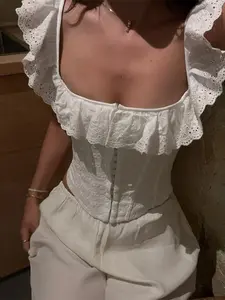 Sexy Off-Shoulder Strap Top with French Ruffle Trim, Button Front Design, Slim-Fit Waist for Enhanced Figure, Stylish Chic Women's Camisole