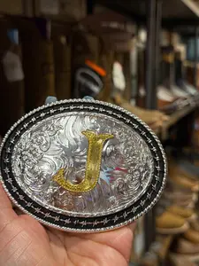 Western Initial Belt Buckle - Letter J, Western Buckle, Classic Oval Shape, Detailed Engraved Gold-Tone Accessory for Country Events