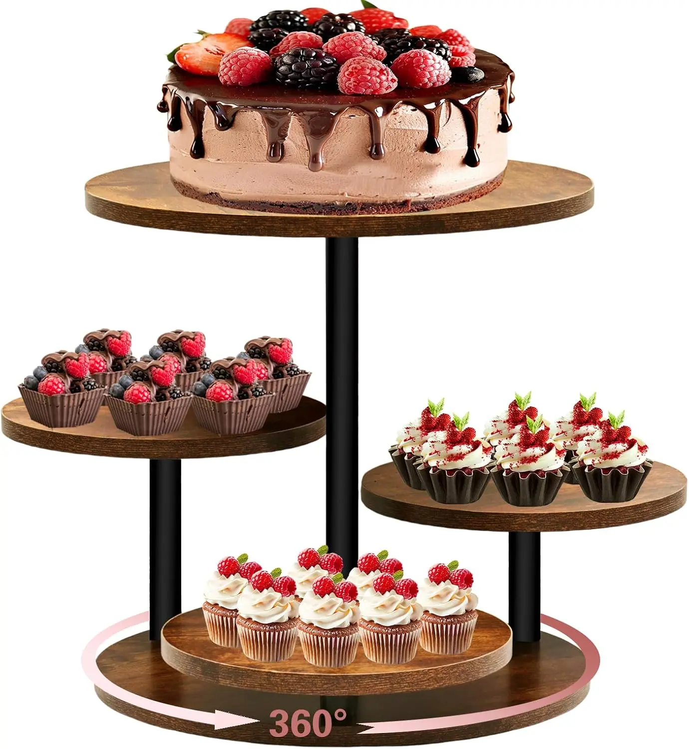 4 Tier Round Cupcake Tower Stand for 50 Cupcakes, 360° Rotating Wood Cake Stand with Tiered Trays, Farmhouse Cookie Stand for Dessert Table Display for Wedding Birthday Baby Shower Tea Party