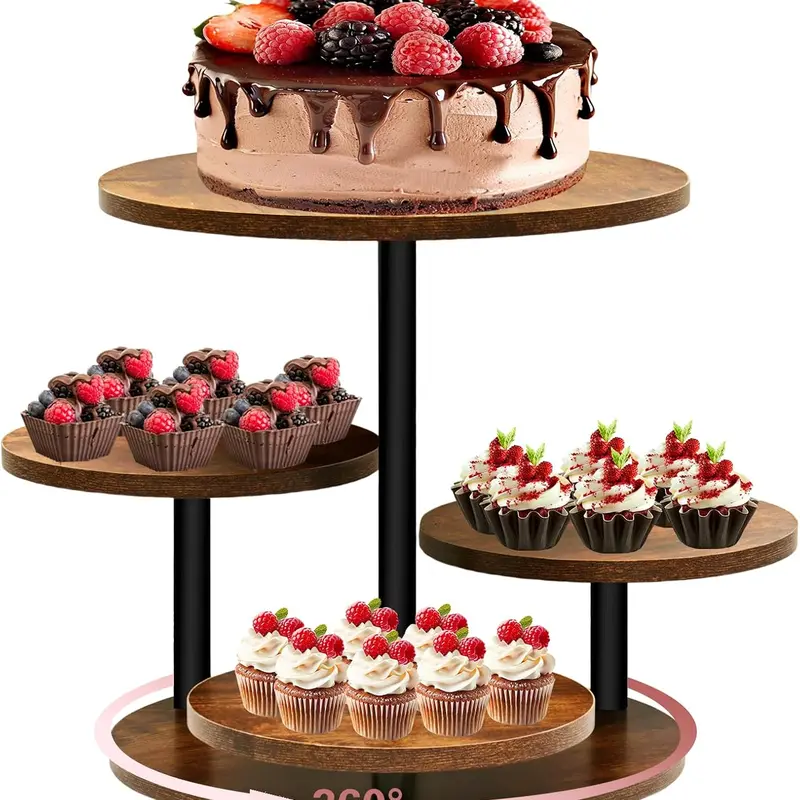 SANNAX Wooden 4-Tier Round Cupcake Holder - 360° Rotating Trays, Holds 50 Cupcakes, Food and Beverage Display, Farmhouse Style for Wedding, Birthday, Cake Decoration, Home Organizer Storage Rack