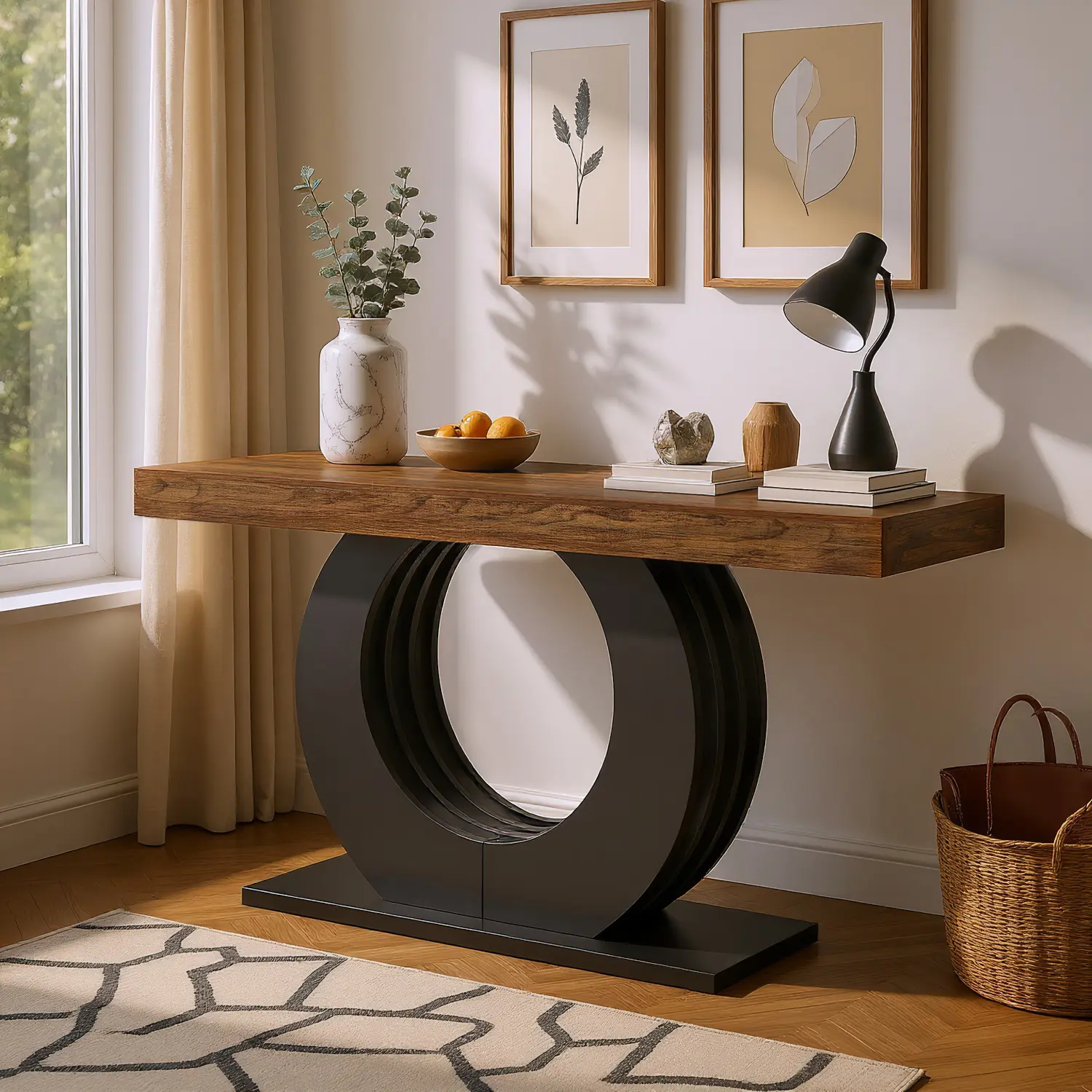 Spaco 63 in Modern Console Table - Heavy Duty Industrial Wooden Rustic Wood Entryway Table, Contemporary Geometric Base Accent Furniture for Living Room, Heavy Duty Table, Industrial Wooden Table