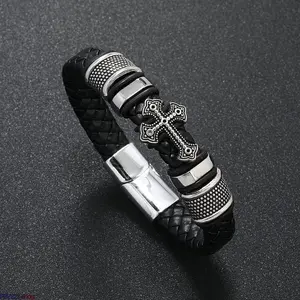 Men Vintage Cross Braided Leather Bracelet Gothic Style Black Wristband with Stainless Steel Charm Fashion Religious Wrist Jewelry Ideal Gift for Him