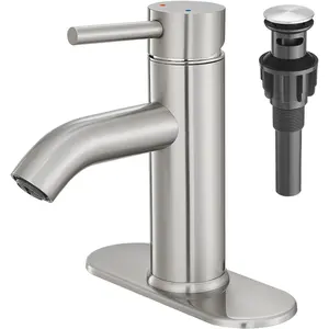 Brushed Nickel Single Handle Bathroom Vanity Sink Faucet with Pop-up Drain, RV Lavatory Vessel Basin Mixer Tap with Deck Plate