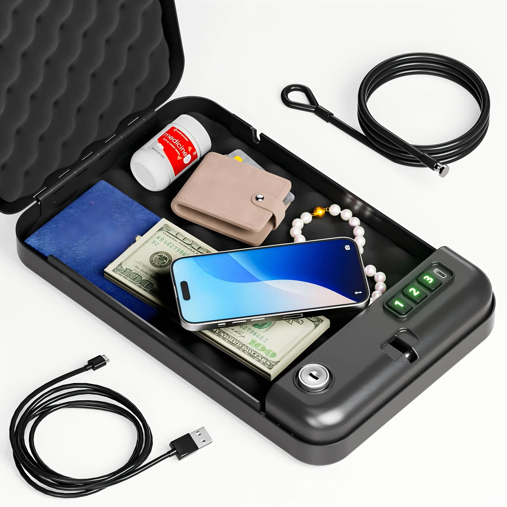 Gun Safe - Portable Pistol Safe with USB-C Power Supply, Electronic/Mechanical Password Lock Box with Key Access, Silent Mode, Compact Car, Small Single Safe for Travel, Office, Dorm Use, And Dial-Type Password Lock