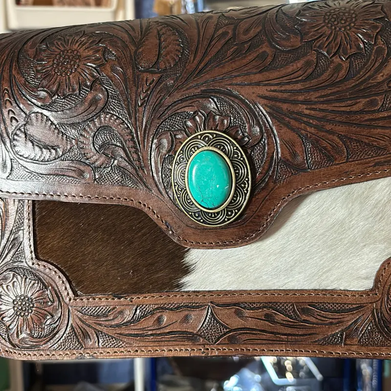 Tooled leather and Cowhide medium crossbody bag with concho stone
