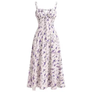 Women Floral Corset Dress Summer Spaghetti Straps Square Neck Casual High Waist Split Casual Beach Dresses, Milkmaid Dress, Womenswear Comfort Fabric Skirt